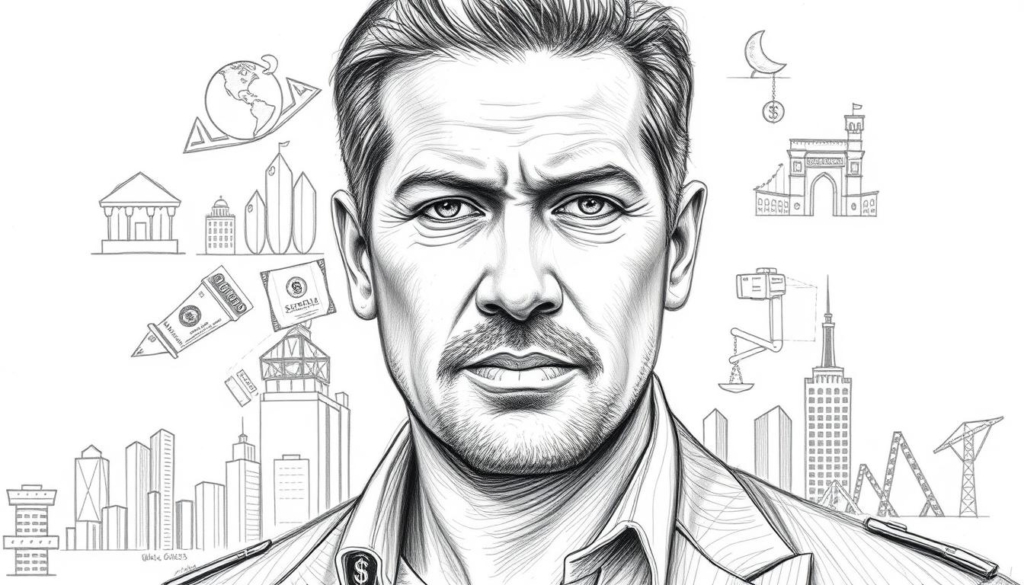 A portrait of Wilson Gonzalez Einkommensquellen, shown in a detailed pencil sketch with selective pops of color. The foreground features Gonzalez's distinguished visage, with a sharp gaze and chiseled features. The middle ground depicts symbolic representations of his diverse income streams - stocks, real estate assets, and entrepreneurial ventures. The background is a minimalist cityscape, hinting at the urban landscape that forms the backdrop of his financial empire. The overall mood is one of focus, determination, and calculated success, reflecting the subject's methodical approach to building wealth.