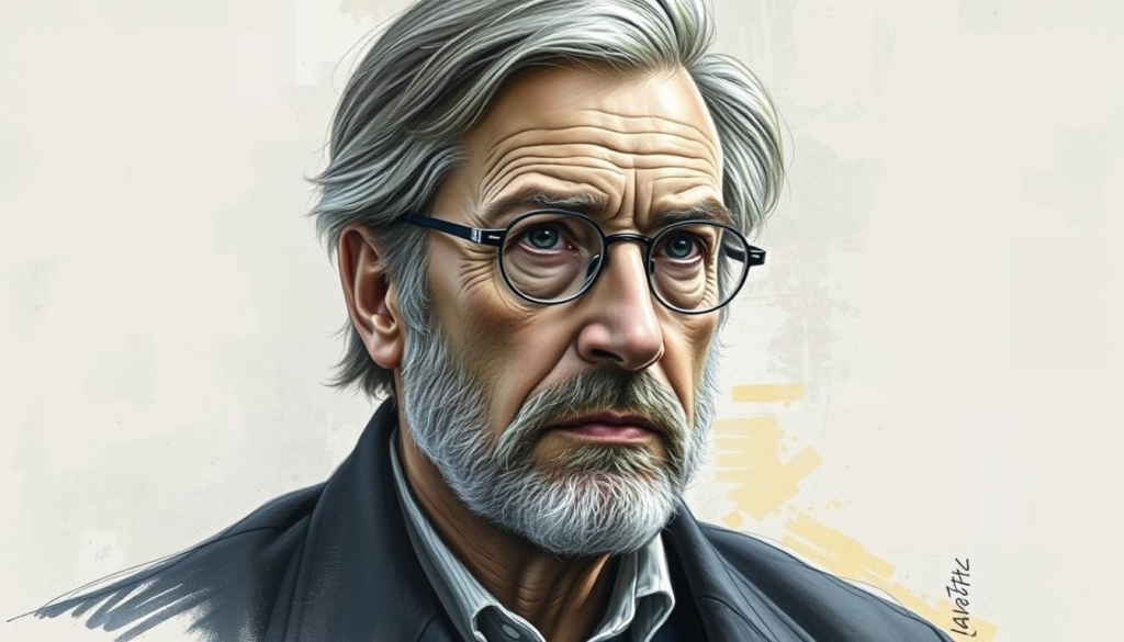 A portrait of the renowned German philosopher and author, Richard David Precht, depicted in a realistic yet artistic manner. The scene showcases Precht's intellectual prowess, with a focused gaze and a pensive expression, set against a backdrop of muted tones and subtle hints of color. The lighting is soft and directional, emphasizing the depth and contours of his face, while the composition is balanced and visually striking. The overall mood is one of contemplation and introspection, reflecting the subject's depth of thought and his influence on contemporary discourse.