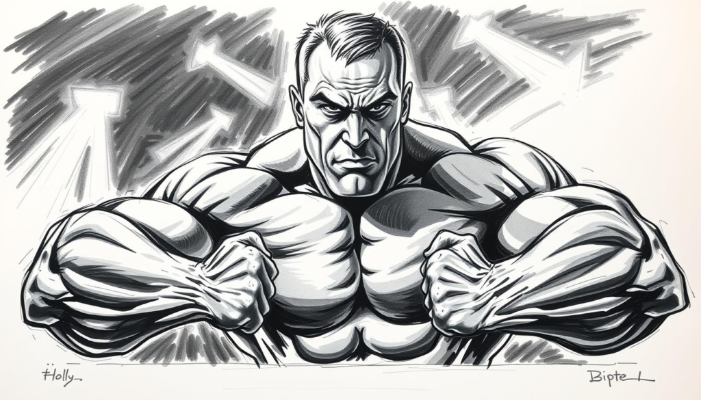A powerful arm wrestler in a confident stance, muscles rippling beneath a stark black and white palette with strategic pops of color. The foreground captures the intense focus and determination on their face, while the middle ground showcases the raw strength and control of their physique. The background suggests an arena or competition setting, hinting at the high stakes and prestige of this champion's achievements. Dramatic lighting casts dramatic shadows, accentuating the drama and intensity of the scene. The overall impression is one of athletic prowess, hard-earned success, and the sheer force of will that defines this Vermögensentwicklung Armwrestling Champion.