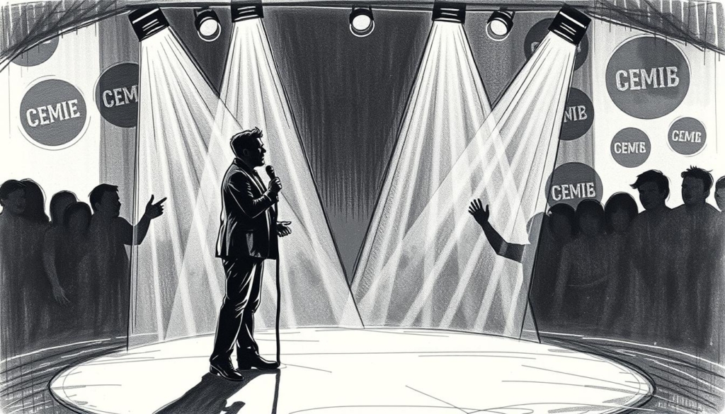 A professional comedian performing on a dimly lit stage, their silhouette casting long shadows against a backdrop of abstract shapes and patterns. Spotlights illuminate the performer's features, casting dramatic shadows and highlighting their expressive gestures. The scene conveys a sense of energy and dynamism, capturing the essence of a live comedy performance. The overall aesthetic is a muted, monochromatic palette with pops of color accentuating key elements, evoking a sketched, hand-drawn quality. A professional comedian performing on a dimly lit stage, their silhouette casting long shadows against a backdrop of abstract shapes and patterns. Spotlights illuminate the performer's features, casting dramatic shadows and highlighting their expressive gestures. The scene conveys a sense of energy and dynamism, capturing the essence of a live comedy performance. The overall aesthetic is a muted, monochromatic palette with pops of color accentuating key elements, evoking a sketched, hand-drawn quality.