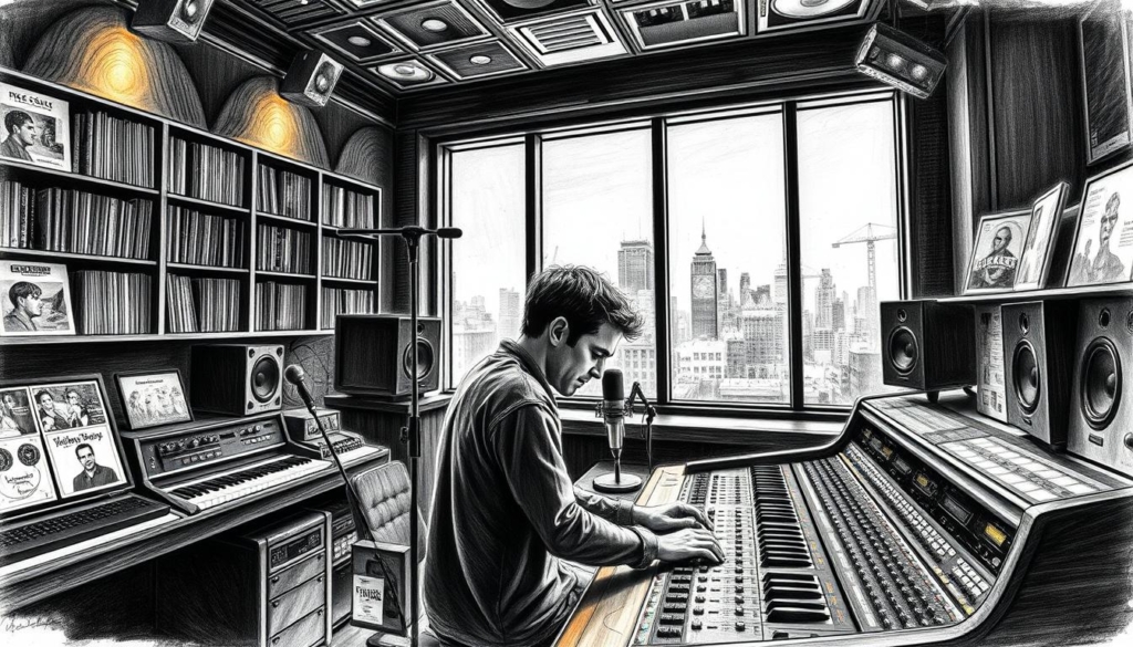 A professional recording studio with soundboards, microphones, and mixing consoles, illuminated by warm lighting and casting dramatic shadows. In the foreground, a producer intently manipulating knobs and faders, lost in the creative flow. Shelves of vinyl records and sound equipment line the walls, hinting at the producer's diverse musical endeavors. The background features a large window overlooking a bustling city skyline, suggesting the producer's business ventures beyond just music creation. The scene is rendered in a moody black and white palette with subtle pops of color, such as the glow of indicator lights or the sheen of metallic surfaces.