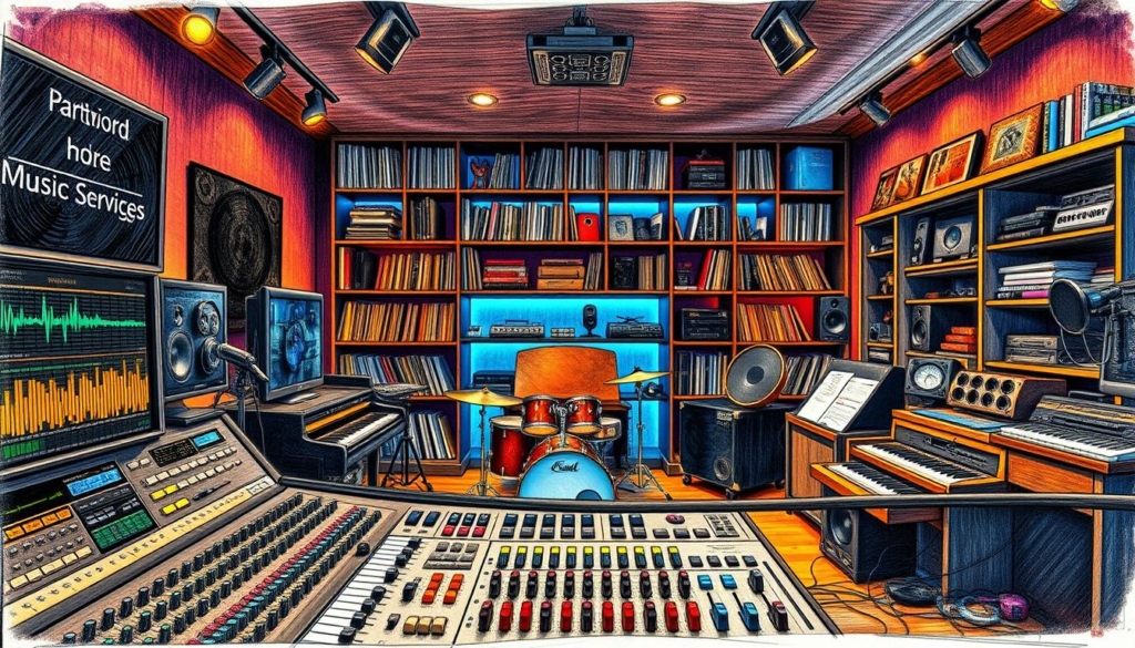 A professional recording studio with various musical instruments and equipment. In the foreground, a mixing console with knobs, sliders, and a computer screen displaying audio waveforms. In the middle ground, a grand piano, a drum kit, and a microphone stand. In the background, shelves filled with vinyl records, music production software, and other audio accessories. The lighting is a combination of warm spotlights and cool LED accents, creating a moody, atmospheric ambiance. The overall scene conveys the diverse income streams and investments a successful music producer might have, such as studio services, royalties, and equipment rentals. A professional recording studio with various musical instruments and equipment. In the foreground, a mixing console with knobs, sliders, and a computer screen displaying audio waveforms. In the middle ground, a grand piano, a drum kit, and a microphone stand. In the background, shelves filled with vinyl records, music production software, and other audio accessories. The lighting is a combination of warm spotlights and cool LED accents, creating a moody, atmospheric ambiance. The overall scene conveys the diverse income streams and investments a successful music producer might have, such as studio services, royalties, and equipment rentals.