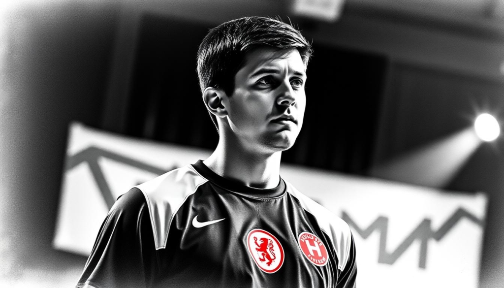 A professional table tennis player, Timo Boll, stands confidently in the foreground, his focus unwavering. The Borussia Düsseldorf logo prominently displayed on his jersey, representing the team he has been a part of for years. The image is rendered in a striking black and white palette, with subtle pops of color highlighting key details, such as the vibrant red of the Borussia Düsseldorf crest. The background is a blurred, moody environment, allowing the player to take center stage. Dramatic lighting casts dramatic shadows, adding depth and intensity to the scene. The overall tone is one of determination, professionalism, and the pivotal role Borussia Düsseldorf has played in Timo Boll's illustrious career. A professional table tennis player, Timo Boll, stands confidently in the foreground, his focus unwavering. The Borussia Düsseldorf logo prominently displayed on his jersey, representing the team he has been a part of for years. The image is rendered in a striking black and white palette, with subtle pops of color highlighting key details, such as the vibrant red of the Borussia Düsseldorf crest. The background is a blurred, moody environment, allowing the player to take center stage. Dramatic lighting casts dramatic shadows, adding depth and intensity to the scene. The overall tone is one of determination, professionalism, and the pivotal role Borussia Düsseldorf has played in Timo Boll's illustrious career.