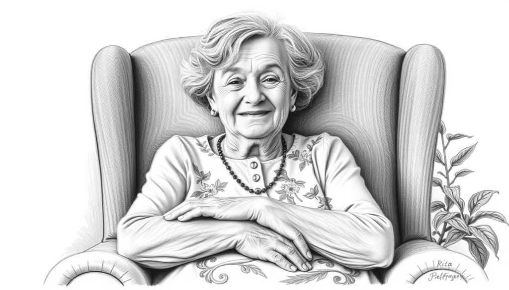 A proud and nurturing grandmother, Rita Pfeffinger, sits in her favorite armchair, her weathered hands resting gently on the arm. Her kind, wrinkled face is framed by soft, silver hair, and her expression emanates a sense of contentment and wisdom. The background is a simple, monochromatic scene, allowing the focus to remain on Rita's warm presence. Subtle pops of color, perhaps in the form of a floral pattern on her dress or a vibrant plant nearby, add depth and character to the image. The overall tone is one of tranquility and the cherished bond between a grandparent and their family. A proud and nurturing grandmother, Rita Pfeffinger, sits in her favorite armchair, her weathered hands resting gently on the arm. Her kind, wrinkled face is framed by soft, silver hair, and her expression emanates a sense of contentment and wisdom. The background is a simple, monochromatic scene, allowing the focus to remain on Rita's warm presence. Subtle pops of color, perhaps in the form of a floral pattern on her dress or a vibrant plant nearby, add depth and character to the image. The overall tone is one of tranquility and the cherished bond between a grandparent and their family.