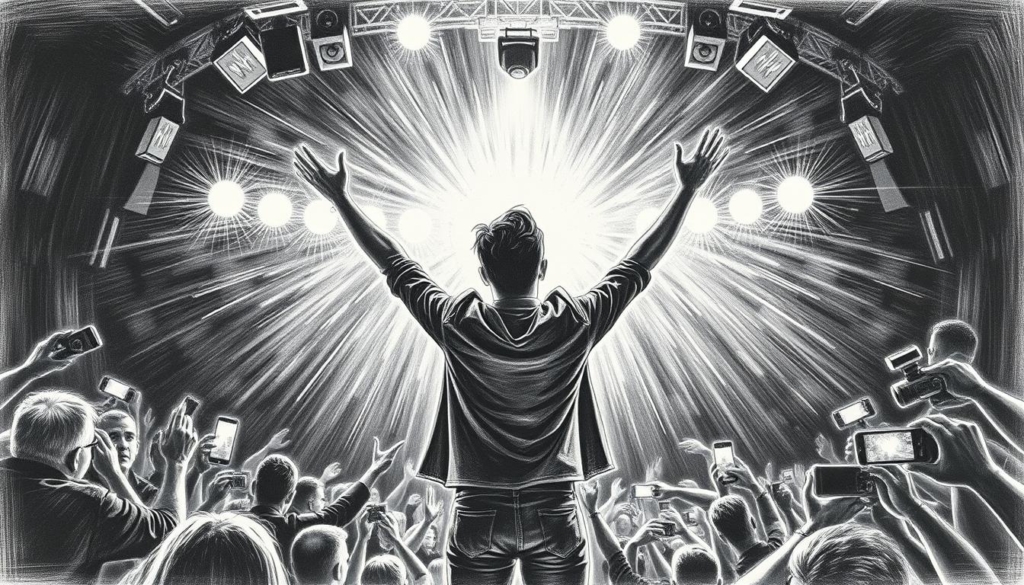 A reality TV star stands center stage, bathed in a warm spotlight, arms raised in triumph. Behind them, a swirling vortex of cameras, microphones, and flashing paparazzi lights create a dynamic, high-energy backdrop. The scene is rendered in a striking black and white palette, with pops of color highlighting key elements like the star's confident expression and the electric atmosphere. The image conveys the thrill and spectacle of a career-defining moment, a reality TV "Karrierehöhepunkt" captured in dramatic, cinematic fashion.