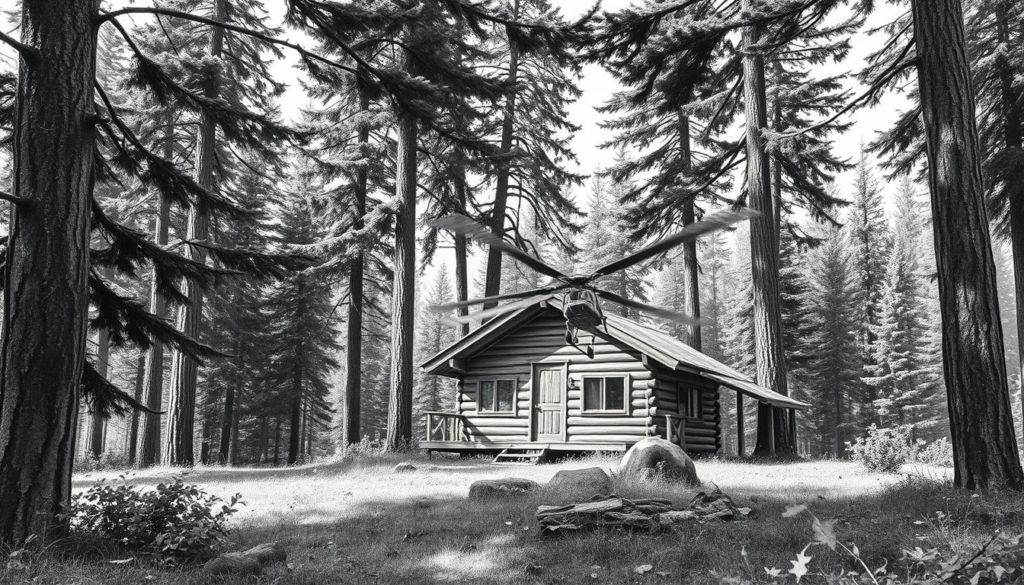 A rugged, secluded forest cabin nestled in a lush, verdant landscape. Towering pines frame the scene, their branches casting dramatic shadows. In the foreground, a sturdy helikopter hovers, its rotors spinning and kicking up a swirl of leaves and debris. The cabin's weathered facade, accented with pops of color, stands in sharp contrast to the monochromatic surroundings. A sense of intrigue and adventure permeates the air, hinting at the unconventional residents and their reality TV antics. The image is rendered in a striking black and white palette, with selective color highlights adding depth and visual interest. A rugged, secluded forest cabin nestled in a lush, verdant landscape. Towering pines frame the scene, their branches casting dramatic shadows. In the foreground, a sturdy helikopter hovers, its rotors spinning and kicking up a swirl of leaves and debris. The cabin's weathered facade, accented with pops of color, stands in sharp contrast to the monochromatic surroundings. A sense of intrigue and adventure permeates the air, hinting at the unconventional residents and their reality TV antics. The image is rendered in a striking black and white palette, with selective color highlights adding depth and visual interest.