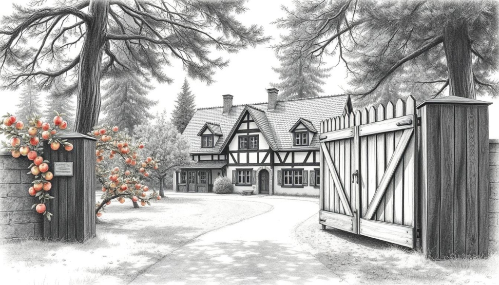 A rustic, charming Schwarzwald estate with a quaint, historic Apfelgut at its heart. The facade features weathered, half-timbered walls and a gently sloping slate roof. Surrounding the main house are lush orchards, their branches heavy with ripe, blushing apples. In the foreground, a winding gravel path leads towards an ancient wooden gate, its hinges casting long shadows. Soft, filtered sunlight filters through the canopy of towering pines, creating a warm, monochromatic palette with delicate bursts of color in the foliage and fruit. The scene exudes a sense of quiet, countryside tranquility and timeless elegance.