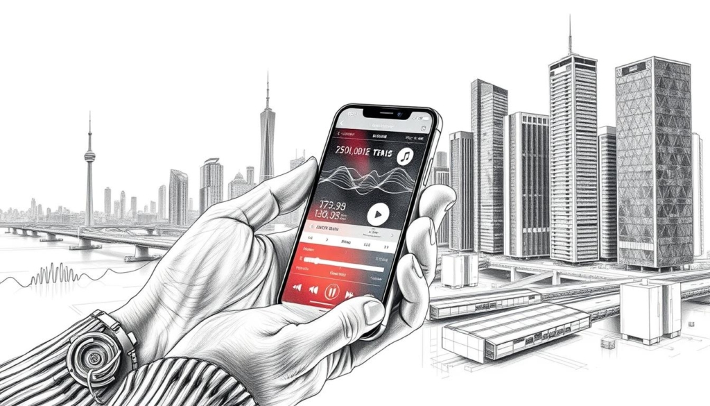 A serene and captivating image of the modern music industry's "streaming goldmine". In the foreground, a pair of hands delicately holds a smartphone, the screen displaying a music streaming platform's interface. Swirling data visualizations and undulating waveforms occupy the middle ground, conveying the ebb and flow of digital music consumption. In the background, a stylized cityscape takes shape, its skyscrapers and infrastructure rendered in crisp, angular lines, suggesting the scale and complexity of the streaming ecosystem. The entire scene is rendered in a muted, pencil-sketch aesthetic, with pops of vibrant color highlighting key elements, creating a striking balance between the technical and the artistic. A serene and captivating image of the modern music industry's "streaming goldmine". In the foreground, a pair of hands delicately holds a smartphone, the screen displaying a music streaming platform's interface. Swirling data visualizations and undulating waveforms occupy the middle ground, conveying the ebb and flow of digital music consumption. In the background, a stylized cityscape takes shape, its skyscrapers and infrastructure rendered in crisp, angular lines, suggesting the scale and complexity of the streaming ecosystem. The entire scene is rendered in a muted, pencil-sketch aesthetic, with pops of vibrant color highlighting key elements, creating a striking balance between the technical and the artistic.