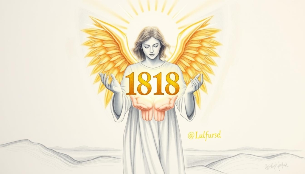 A serene angelic figure stands in the foreground, palms open in a gesture of guidance. Glowing celestial light emanates from behind, casting a warm, ethereal glow. In the middle ground, a pair of hands delicately hold a golden number "1818", symbolic of the numeric message being conveyed. The background is a soft, contemplative landscape rendered in muted graphite tones, with subtle hints of color accentuating key elements. The overall atmosphere is one of thoughtful introspection and a sense of divine intervention, inviting the viewer to consider the significance of this angelic encounter. A serene angelic figure stands in the foreground, palms open in a gesture of guidance. Glowing celestial light emanates from behind, casting a warm, ethereal glow. In the middle ground, a pair of hands delicately hold a golden number "1818", symbolic of the numeric message being conveyed. The background is a soft, contemplative landscape rendered in muted graphite tones, with subtle hints of color accentuating key elements. The overall atmosphere is one of thoughtful introspection and a sense of divine intervention, inviting the viewer to consider the significance of this angelic encounter.