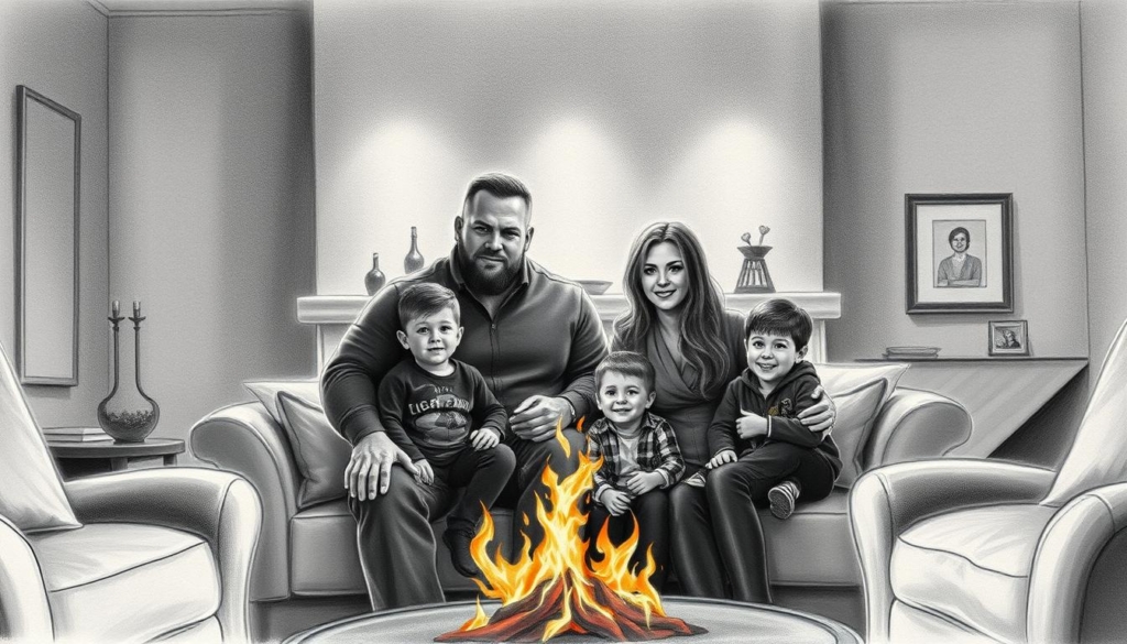 A serene family portrait of Brock Lesnar, his wife Sable, and their three children, captured in a cozy home setting with muted lighting and soft shadows. The foreground features the family gathered around a fireplace, dressed in casual, comfortable attire, conveying a sense of intimacy and warmth. The middle ground showcases a few personal touches, such as framed family photos and a simple, understated decor, hinting at their private life away from the public eye. The background gently fades into a softly blurred backdrop, creating a sense of tranquility and privacy. The image is rendered in a predominantly black and white palette, with subtle pops of color to highlight specific details, such as the warm glow of the fireplace or a vibrant family heirloom.