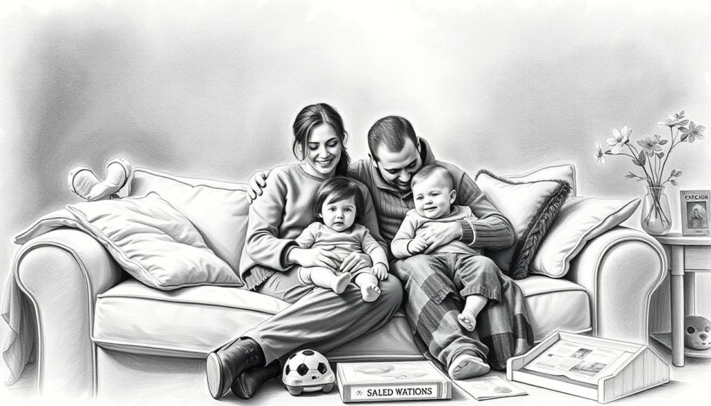 A serene family portrait of Sandro Wagner, his wife, and their young children, captured in a soft, moody black and white palette with subtle pops of color. The scene depicts an intimate moment of domestic bliss, with the family gathered together in a cozy, dimly lit living room. Sandro, wearing a casual sweater, sits comfortably on a plush sofa, his arm wrapped around his wife, who holds one of their children on her lap. The other child plays contentedly on the floor, surrounded by toys and books. The overall atmosphere conveys a sense of warmth, comfort, and the joy of family life away from the spotlight of professional football. A serene family portrait of Sandro Wagner, his wife, and their young children, captured in a soft, moody black and white palette with subtle pops of color. The scene depicts an intimate moment of domestic bliss, with the family gathered together in a cozy, dimly lit living room. Sandro, wearing a casual sweater, sits comfortably on a plush sofa, his arm wrapped around his wife, who holds one of their children on her lap. The other child plays contentedly on the floor, surrounded by toys and books. The overall atmosphere conveys a sense of warmth, comfort, and the joy of family life away from the spotlight of professional football.