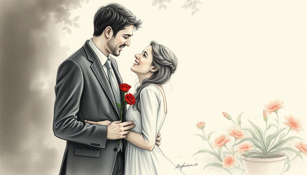A serene, intimate setting where two figures stand close, lost in a tender embrace. The man, dressed in a crisp suit, holds a single red rose as he gazes adoringly at his love, her face radiant with joy. Soft, diffused light filters through the scene, casting a warm, romantic glow. In the background, a lush garden blooms, its vibrant colors muted to delicate pencil sketches, allowing the couple's moment to take center stage. The image conveys a sense of timeless, heartfelt emotion, a pivotal step in the unfolding of their lives together. A serene, intimate setting where two figures stand close, lost in a tender embrace. The man, dressed in a crisp suit, holds a single red rose as he gazes adoringly at his love, her face radiant with joy. Soft, diffused light filters through the scene, casting a warm, romantic glow. In the background, a lush garden blooms, its vibrant colors muted to delicate pencil sketches, allowing the couple's moment to take center stage. The image conveys a sense of timeless, heartfelt emotion, a pivotal step in the unfolding of their lives together.