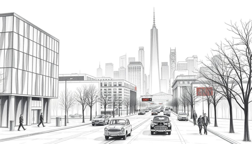 A serene landscape in pencil-drawn black and white, with pops of color highlighting the key elements of the year 2007. In the foreground, a sleek and modern office building, its glass facade reflecting the changing times. In the middle ground, a bustling city street, dotted with vintage automobiles and pedestrians going about their day. In the background, a towering skyscraper skyline, a testament to the rapid urbanization of the era. The overall atmosphere is one of progress and innovation, yet tinged with a sense of nostalgia for a not-so-distant past. Subtle, muted tones create a timeless, contemplative mood, inviting the viewer to reflect on the historical context of the year 2007.