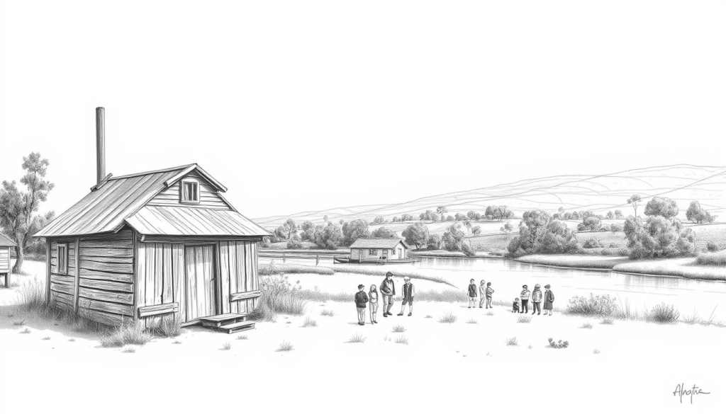 A serene, monochromatic landscape depicting a historic Goldwaschanlage (gold washing plant) nestled along the banks of the picturesque Palmer River in Australia. The weathered, wooden structure stands in the foreground, its rustic charm accentuated by the deliberate use of black, white, and selective pops of color. In the middle ground, visitors explore the site, their figures rendered in gestural strokes, capturing the tranquil ambiance and the significance of this touristic attraction. The background showcases the lush, verdant riverbanks and rolling hills, hinting at the natural beauty that has drawn generations of prospectors and tourists alike to this iconic Australian goldfield.