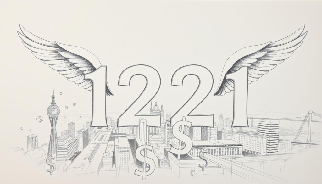 A serene, pencil-sketched landscape showcases an angelic number, "1221," prominently displayed. The foreground features financial symbols, such as dollar signs and graphs, intertwined with delicate wings, symbolizing the divine guidance for career and financial matters. The middle ground depicts a cityscape, its buildings and infrastructure rendered in crisp, monochromatic tones, while the background showcases a starry night sky, evoking a sense of otherworldly inspiration. The lighting is soft and diffused, creating a contemplative atmosphere, with subtle pops of color accentuating the key elements. The overall composition conveys the message of the 1221 angel number's significance in the realms of work and personal finances.