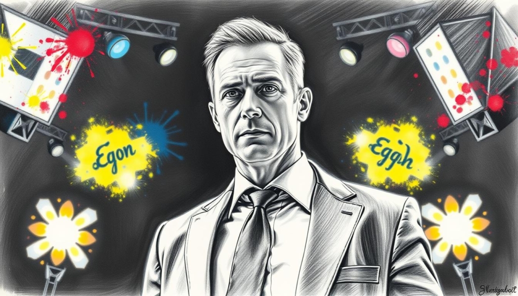 A sharp-featured man in his prime, Egon Kowalski stands confidently, his gaze determined. The scene captures the height of his career, with a backdrop of spotlights and a sleek, modern stage. Precise pencil strokes delineate his tailored suit, punctuated by splashes of color in the vibrant lighting. The composition emphasizes the subject's poise and success, conveying the peak of his prolific period between 1999-2014 when he produced over 100 works. A sense of accomplished artistry permeates the image, rendered in a striking black-and-white palette with selective bursts of hue to accentuate the moment's significance. A sharp-featured man in his prime, Egon Kowalski stands confidently, his gaze determined. The scene captures the height of his career, with a backdrop of spotlights and a sleek, modern stage. Precise pencil strokes delineate his tailored suit, punctuated by splashes of color in the vibrant lighting. The composition emphasizes the subject's poise and success, conveying the peak of his prolific period between 1999-2014 when he produced over 100 works. A sense of accomplished artistry permeates the image, rendered in a striking black-and-white palette with selective bursts of hue to accentuate the moment's significance.