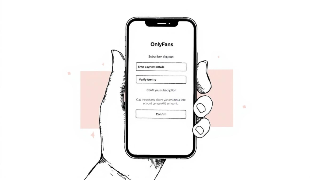 A simple, stylish black and white illustration depicting the process of subscribing to an OnlyFans account. In the foreground, a hand holds a smartphone, the screen showing the OnlyFans sign-up page. In the middle ground, subtle color accents highlight key steps - entering payment details, verifying identity, and confirming subscription. The background features a clean, minimalist design with a few geometric shapes providing visual interest. The overall mood is professional and informative, guiding the viewer through the subscription process in a clear, straightforward manner.