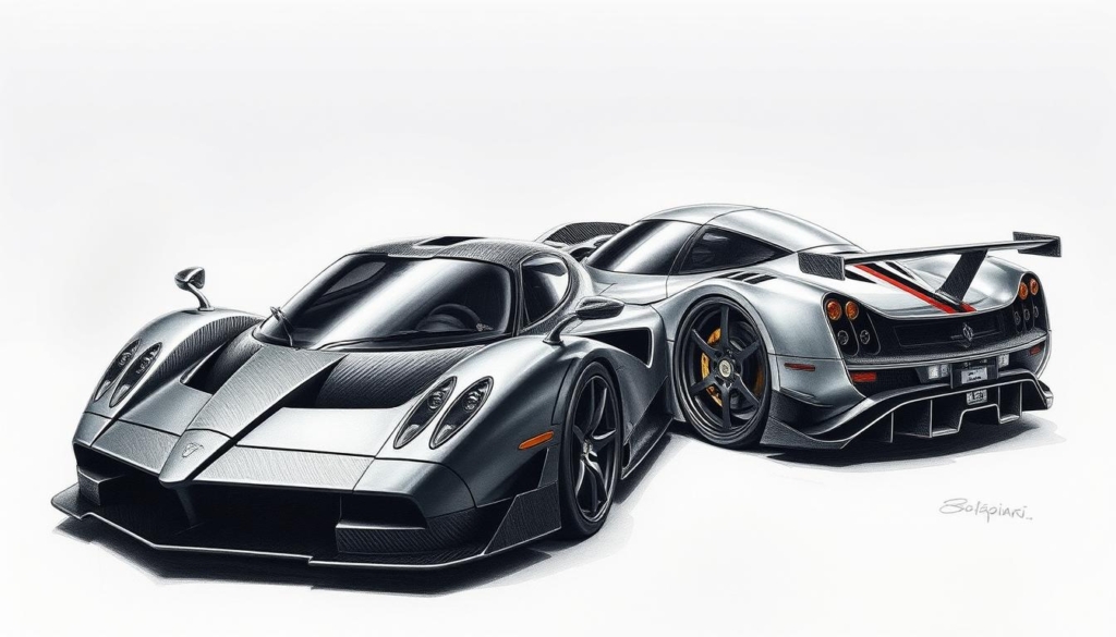 A sleek, aerodynamic supercar in matte black, the Pagani Zonda, stands poised, its intricate carbon fiber bodywork gleaming under a soft, diffused light. Beside it, the Huayra, a more curvaceous and sculpted sibling, shimmers in a palette of subtle greys and whites, punctuated by bold pops of color in the form of exposed mechanical components. The two models, united by Pagani's distinctive design language, capture the essence of the brand's engineering prowess and the visionary genius of Horacio Pagani. Rendered in a moody, high-contrast style with a focus on form and detail, the image conveys the power and exclusivity of these Italian automotive masterpieces. A sleek, aerodynamic supercar in matte black, the Pagani Zonda, stands poised, its intricate carbon fiber bodywork gleaming under a soft, diffused light. Beside it, the Huayra, a more curvaceous and sculpted sibling, shimmers in a palette of subtle greys and whites, punctuated by bold pops of color in the form of exposed mechanical components. The two models, united by Pagani's distinctive design language, capture the essence of the brand's engineering prowess and the visionary genius of Horacio Pagani. Rendered in a moody, high-contrast style with a focus on form and detail, the image conveys the power and exclusivity of these Italian automotive masterpieces.