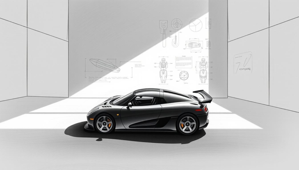 A sleek, minimalist illustration of the Koenigsegg Automotive corporate philosophy. A Koenigsegg hypercar in muted gray tones takes center stage, surrounded by a sparse, architectural backdrop. Dramatic lighting casts long shadows, creating a sense of depth and drama. Subtle pops of color, such as glowing brake calipers or a lustrous carbon fiber trim, draw the eye to key design elements. The composition emphasizes the brand's ethos of uncompromising performance, innovative engineering, and elegant, functional aesthetics. Pencil sketches and technical diagrams in the background hint at the meticulous attention to detail that underpins Koenigsegg's approach. An image that conveys the company's position as a visionary, design-driven automotive innovator. A sleek, minimalist illustration of the Koenigsegg Automotive corporate philosophy. A Koenigsegg hypercar in muted gray tones takes center stage, surrounded by a sparse, architectural backdrop. Dramatic lighting casts long shadows, creating a sense of depth and drama. Subtle pops of color, such as glowing brake calipers or a lustrous carbon fiber trim, draw the eye to key design elements. The composition emphasizes the brand's ethos of uncompromising performance, innovative engineering, and elegant, functional aesthetics. Pencil sketches and technical diagrams in the background hint at the meticulous attention to detail that underpins Koenigsegg's approach. An image that conveys the company's position as a visionary, design-driven automotive innovator.