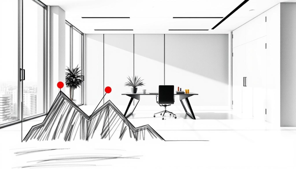 A sleek, modern office interior with a focus on various investment and business engagement symbols. In the foreground, a stylized graph or chart in shades of gray and black, punctuated by bold splashes of color to highlight key data points. In the middle ground, a geometric desk with minimalist decor, including a potted plant and a laptop. The background features floor-to-ceiling windows, allowing natural light to flood the space and create a sense of openness and professionalism. The overall mood is one of sophistication, productivity, and thoughtful financial strategy, expressed through a restrained, black-and-white palette with selective use of color to draw the eye.