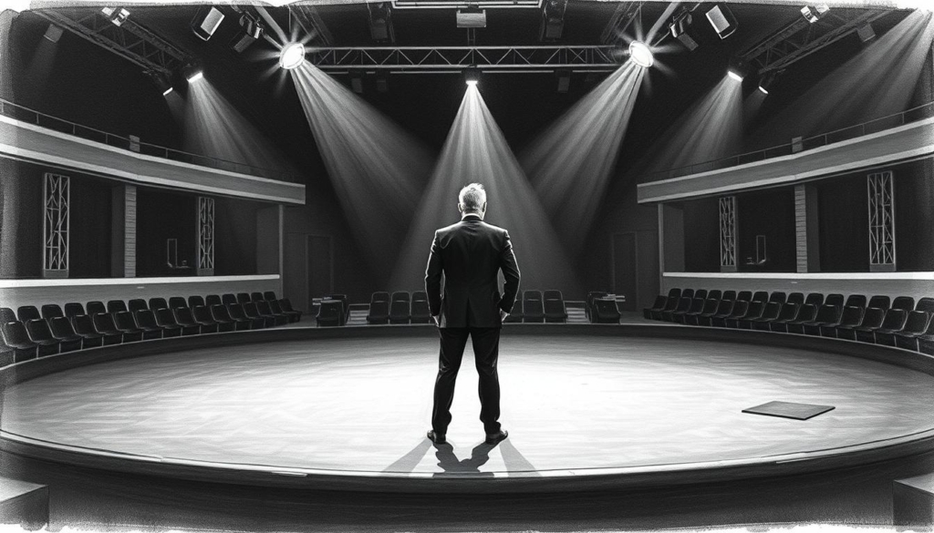 A somber and introspective night scene of late night talk show host Klaas Heufer-Umlauf standing alone on an empty studio set, bathed in moody, dramatic lighting. The once-vibrant stage is now bare and abandoned, the laughter and energy of the show replaced by a palpable sense of melancholy and the end of an era. Heufer-Umlauf's pensive expression conveys the weight of this momentous farewell, with the faint outlines of the studio audience seats in the background suggesting the void left by their absence. The image is rendered in a striking black and white palette, with muted splashes of color highlighting key elements, capturing the bittersweet emotions of this significant career milestone. A somber and introspective night scene of late night talk show host Klaas Heufer-Umlauf standing alone on an empty studio set, bathed in moody, dramatic lighting. The once-vibrant stage is now bare and abandoned, the laughter and energy of the show replaced by a palpable sense of melancholy and the end of an era. Heufer-Umlauf's pensive expression conveys the weight of this momentous farewell, with the faint outlines of the studio audience seats in the background suggesting the void left by their absence. The image is rendered in a striking black and white palette, with muted splashes of color highlighting key elements, capturing the bittersweet emotions of this significant career milestone.