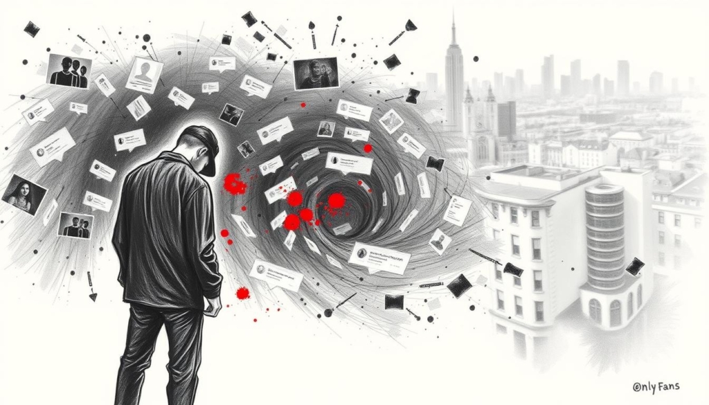 A somber black-and-white illustration depicting the aftermath of a leaked OnlyFans profile, with muted splashes of color highlighting key elements. In the foreground, a figure standing solemnly, head bowed, representing the subject's vulnerability and the personal consequences of the breach. The middle ground features a swirling vortex of social media activity, with fragments of comments and reactions in shades of gray. In the background, a blurred cityscape symbolizes the far-reaching impact, the loss of privacy, and the wider societal implications. The overall mood is one of contemplation, sorrow, and the weight of the situation, conveyed through the stark, graphite-like rendering and the sparse use of color to draw the eye to the most significant aspects.
