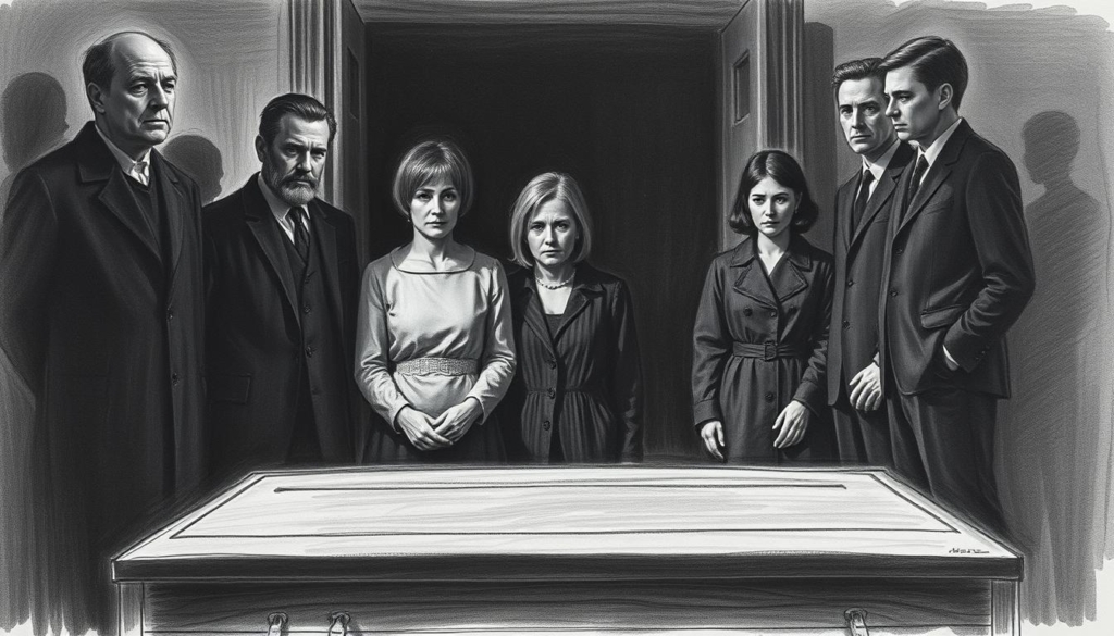A somber family gathers in a dimly lit room, the air thick with unspoken secrets. In the foreground, a coffin stands, its polished wood gleaming under muted lighting. Shadows cast across the faces of the mourners, their expressions pensive and guarded. In the middle ground, a woman – Margret Kerkeling – stands apart, her body language betraying a subtle unease, as if bearing the weight of a heavy burden. The background is a blur of muted tones, hinting at the complex emotions that permeate the scene. The image is rendered in a striking black-and-white palette, with punctuated splashes of color, lending a sense of melancholy and weight to the proceedings. A somber family gathers in a dimly lit room, the air thick with unspoken secrets. In the foreground, a coffin stands, its polished wood gleaming under muted lighting. Shadows cast across the faces of the mourners, their expressions pensive and guarded. In the middle ground, a woman – Margret Kerkeling – stands apart, her body language betraying a subtle unease, as if bearing the weight of a heavy burden. The background is a blur of muted tones, hinting at the complex emotions that permeate the scene. The image is rendered in a striking black-and-white palette, with punctuated splashes of color, lending a sense of melancholy and weight to the proceedings.