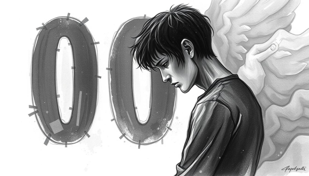 A somber figure contemplates the significance of the angelic number 0000, rendered in a stark black and white palette with subtle splashes of color. The scene exudes a pensive, introspective atmosphere, inviting the viewer to ponder the deeper meaning behind this symbolic visitation. The subject is rendered in a tight, focused composition, their gaze directed inward, as if seeking guidance or understanding. The background is minimalist, allowing the figure to take center stage, their expression and body language conveying a sense of profound self-reflection. Soft shafts of light filter through, casting gentle shadows and highlighting the weight of the moment. This conceptual illustration aims to capture the essence of how one might thoughtfully respond to the profound message of the number 0000.