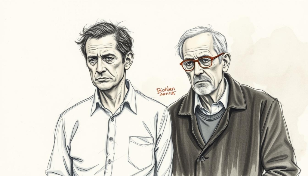 A somber, introspective portrait of Dieter Bohlen and his son Maurice, their relationship captured in a muted, pencil-sketch aesthetic with selective color accents. The father and son stand side-by-side, their poses and expressions conveying a complex, strained dynamic - a sense of distance, unresolved tensions, and a desire for understanding. The background is hazy, the focus drawn to the central figures, allowing the viewer to contemplate the nuances of their Vater-Sohn Verhältnis. Moody lighting casts dramatic shadows, evoking the weight of their history. This image aims to sensitively illustrate the delicate, multifaceted nature of their relationship. A somber, introspective portrait of Dieter Bohlen and his son Maurice, their relationship captured in a muted, pencil-sketch aesthetic with selective color accents. The father and son stand side-by-side, their poses and expressions conveying a complex, strained dynamic - a sense of distance, unresolved tensions, and a desire for understanding. The background is hazy, the focus drawn to the central figures, allowing the viewer to contemplate the nuances of their Vater-Sohn Verhältnis. Moody lighting casts dramatic shadows, evoking the weight of their history. This image aims to sensitively illustrate the delicate, multifaceted nature of their relationship.