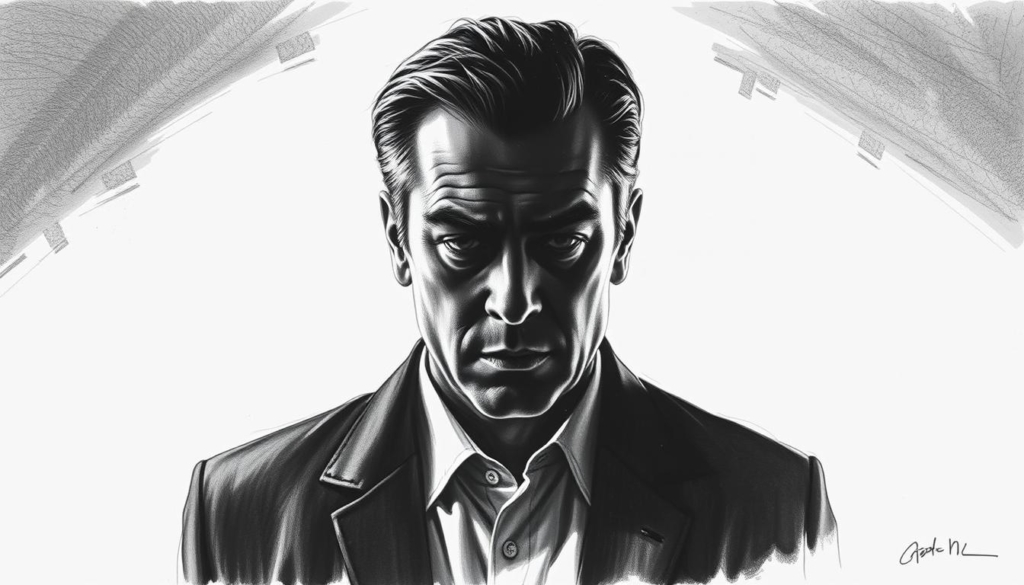 A somber, introspective portrait of a public figure, drawn in stark black and white with subtle splashes of color. The subject's face is partially obscured, reflecting the duality of fame and the hidden burdens of wealth and recognition. A dramatic lighting setup casts dramatic shadows, evoking a pensive, melancholic mood. The background is minimalist, placing the focus on the contemplative expression of the subject, hinting at the complex emotions and personal struggles that come with being in the public eye. Precise, deliberate brushstrokes capture the gravity and weight of the scene, inviting the viewer to consider the unseen challenges of the privileged and renowned.