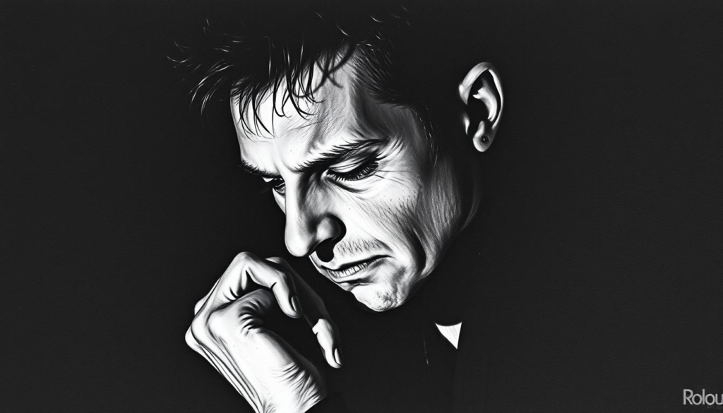A somber, shadowy portrait of Dave Gahan, the lead vocalist of Depeche Mode, lost in contemplation. His gaunt features and pensive expression convey the weight of his personal struggles with addiction and health crises. The image is rendered in stark black-and-white, with muted tones and dramatic chiaroscuro lighting, highlighting the intensity of the moment. Subtle hints of color, perhaps in the form of a splash of red or a blue accent, add depth and visual interest, reflecting the complex emotional journey of the artist. The composition emphasizes Gahan's introspective pose, allowing the viewer to connect with the gravity of his Gesundheitskrise and its impact on his career and finances. A somber, shadowy portrait of Dave Gahan, the lead vocalist of Depeche Mode, lost in contemplation. His gaunt features and pensive expression convey the weight of his personal struggles with addiction and health crises. The image is rendered in stark black-and-white, with muted tones and dramatic chiaroscuro lighting, highlighting the intensity of the moment. Subtle hints of color, perhaps in the form of a splash of red or a blue accent, add depth and visual interest, reflecting the complex emotional journey of the artist. The composition emphasizes Gahan's introspective pose, allowing the viewer to connect with the gravity of his Gesundheitskrise and its impact on his career and finances.