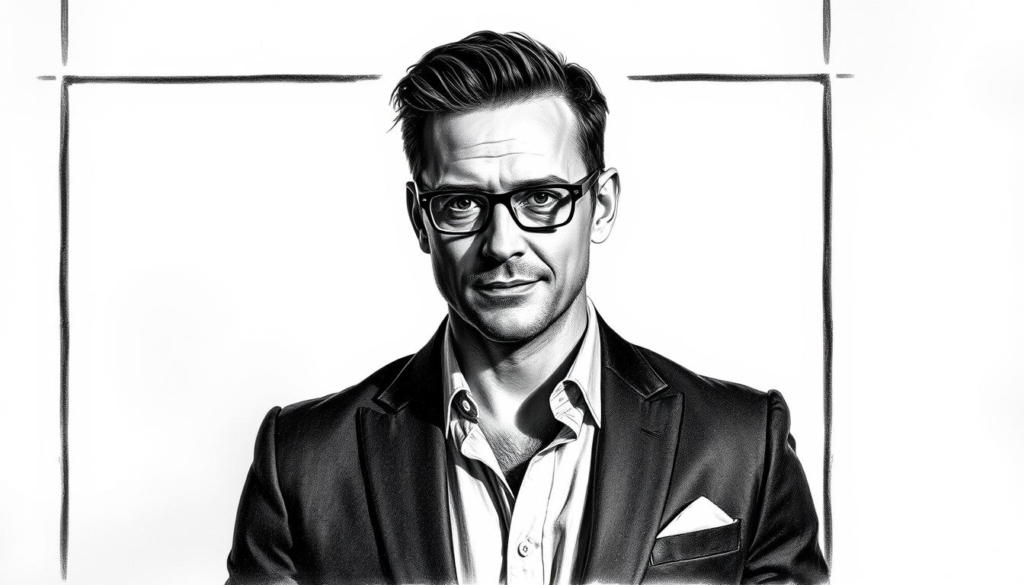 A sophisticated TV personality stands confidently against a sleek, minimalist backdrop, the black-and-white palette punctuated by subtle pops of color. Piercing eyes and a subtle smile convey an air of charisma and success, hinting at the thrilling career trajectory captured in the scene. Dramatic lighting casts dramatic shadows, highlighting the subject's striking features and commanding presence. The composition is balanced and refined, with clean lines and a sense of intentionality that reflects the subject's polished public persona. This image perfectly encapsulates the "Erfolgreiche TV-Karriere" section of the article, offering a visually compelling representation of Calvin Kleinen's journey from Temptation Island to Promi Big Brother.