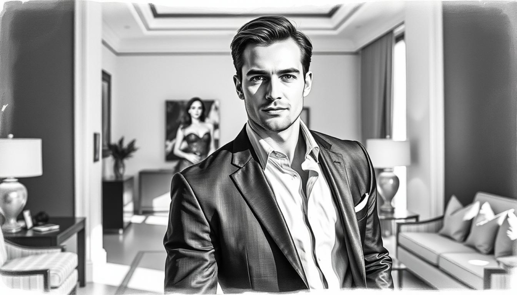 A sophisticated, black-and-white portrait of a well-dressed man standing in a luxurious, yet understated home interior. Soft, natural lighting highlights the man's chiseled features and confident posture, creating a sense of quiet elegance. In the background, a glimpse of a stylish woman, possibly his partner, is visible, adding a touch of intimacy to the scene. Punctuated by subtle pops of color, perhaps in the form of a vibrant artwork or a decorative accent, the image conveys a sense of refined, private living - a window into the private life of this accomplished individual. A sophisticated, black-and-white portrait of a well-dressed man standing in a luxurious, yet understated home interior. Soft, natural lighting highlights the man's chiseled features and confident posture, creating a sense of quiet elegance. In the background, a glimpse of a stylish woman, possibly his partner, is visible, adding a touch of intimacy to the scene. Punctuated by subtle pops of color, perhaps in the form of a vibrant artwork or a decorative accent, the image conveys a sense of refined, private living - a window into the private life of this accomplished individual.