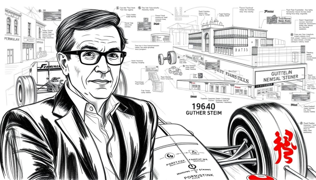 A sophisticated black and white sketch depicting the diverse income streams and business activities of Günther Steiner, the prominent Formula 1 team principal. In the foreground, intricate illustrations showcase his various revenue sources - from team management and consulting to investments and sponsorship deals. The middle ground reveals detailed schematics of his strategic operations, while the background features architectural renderings of his professional facilities. Subtle splashes of color highlight key elements, lending an air of technical precision and financial acumen to the overall scene. A sophisticated black and white sketch depicting the diverse income streams and business activities of Günther Steiner, the prominent Formula 1 team principal. In the foreground, intricate illustrations showcase his various revenue sources - from team management and consulting to investments and sponsorship deals. The middle ground reveals detailed schematics of his strategic operations, while the background features architectural renderings of his professional facilities. Subtle splashes of color highlight key elements, lending an air of technical precision and financial acumen to the overall scene.