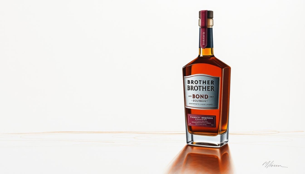 A sophisticated bottle of Brother Bond Bourbon stands prominently on a smooth wooden surface, its amber liquid glowing softly in the warm, diffused lighting. The bottle's sleek, angular design features a metallic label with a subtle, debossed pattern, casting subtle shadows that add depth and dimension. The background is a muted, monochromatic palette, allowing the bourbon bottle to be the central focus, while carefully placed splashes of color, such as a rich, burgundy-hued label or a touch of gold, add visual interest and a sense of elegance. The overall composition exudes an air of luxury, craftsmanship, and the sophisticated entrepreneurial spirit evoked by the article's subject matter.