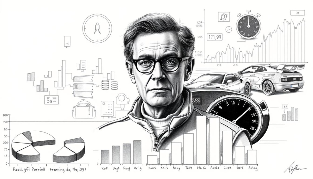 A sophisticated financial analysis of Walter Röhrl's personal assets and net worth, depicted in a muted, graphical style. The foreground showcases a detailed breakdown of his diversified investment portfolio, with carefully rendered pie charts and bar graphs in shades of gray. The middle ground features an elegant line drawing of Röhrl's portrait, his expression pensive and focused. The background subtly incorporates motorsport elements, such as sleek racing cars and technical diagrams, hinting at his illustrious career as a rally driver. Accents of color, like the red of a tachometer or the blue of a stock chart, punctuate the otherwise monochromatic composition, creating a sense of precision and professionalism. The overall tone is one of serious financial analysis, balanced with nods to Röhrl's renowned automotive expertise.