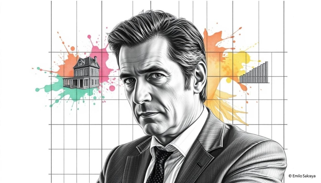 A sophisticated graphite portrait of Emilio Sakraya, the renowned German actor, showcasing the development of his wealth over time. The image depicts Emilio in a pensive pose, with a focused gaze and a subtle expression that conveys his financial acumen. The background features a minimalist grid-like structure, with splashes of color highlighting key moments in his financial journey - the acquisition of a new property, the growth of his investment portfolio, the launch of a successful business venture. The lighting is dramatic, casting shadows that accentuate the depth and texture of the graphite rendering. The overall composition is balanced and deliberate, reflecting the careful financial decisions that have shaped Emilio Sakraya's impressive net worth. A sophisticated graphite portrait of Emilio Sakraya, the renowned German actor, showcasing the development of his wealth over time. The image depicts Emilio in a pensive pose, with a focused gaze and a subtle expression that conveys his financial acumen. The background features a minimalist grid-like structure, with splashes of color highlighting key moments in his financial journey - the acquisition of a new property, the growth of his investment portfolio, the launch of a successful business venture. The lighting is dramatic, casting shadows that accentuate the depth and texture of the graphite rendering. The overall composition is balanced and deliberate, reflecting the careful financial decisions that have shaped Emilio Sakraya's impressive net worth.