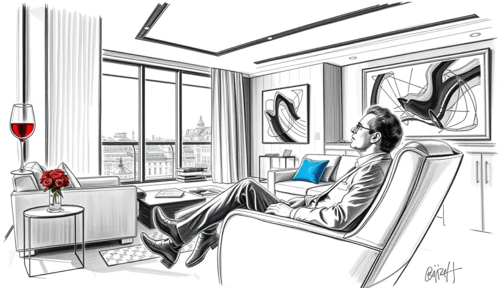 A sophisticated, high-society gentleman's lifestyle captured in a stylish, monochromatic sketch. The scene depicts a luxurious, well-appointed home interior with sleek, modern furnishings and artwork. In the foreground, a smartly dressed man, likely Paul Kalkbrenner, is seen relaxing in an ergonomic leather chair, lost in thought. Soft, directional lighting accentuates the sharp lines and textures, creating a sense of refined elegance. In the background, floor-to-ceiling windows offer a glimpse of the cityscape beyond, hinting at the subject's affluence and success. Subtle pops of color, such as a vibrant red wine glass or a vibrant blue throw pillow, add visual interest and depth to the predominantly black-and-white composition. A sophisticated, high-society gentleman's lifestyle captured in a stylish, monochromatic sketch. The scene depicts a luxurious, well-appointed home interior with sleek, modern furnishings and artwork. In the foreground, a smartly dressed man, likely Paul Kalkbrenner, is seen relaxing in an ergonomic leather chair, lost in thought. Soft, directional lighting accentuates the sharp lines and textures, creating a sense of refined elegance. In the background, floor-to-ceiling windows offer a glimpse of the cityscape beyond, hinting at the subject's affluence and success. Subtle pops of color, such as a vibrant red wine glass or a vibrant blue throw pillow, add visual interest and depth to the predominantly black-and-white composition.