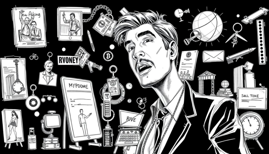 A sophisticated line drawing depicting various income sources for a successful actor, with a focus on revenue streams beyond traditional acting roles. Detailed sketches of movie posters, endorsements, investments, and other entrepreneurial ventures, all rendered in a moody black and white palette with pops of strategic color to highlight key elements. The overall composition has a dynamic, almost technical illustration style, conveying the complexity and diversity of an actor's professional pursuits. Careful attention to perspective, proportion, and balance creates a visually compelling image that aligns with the subject matter of the article.