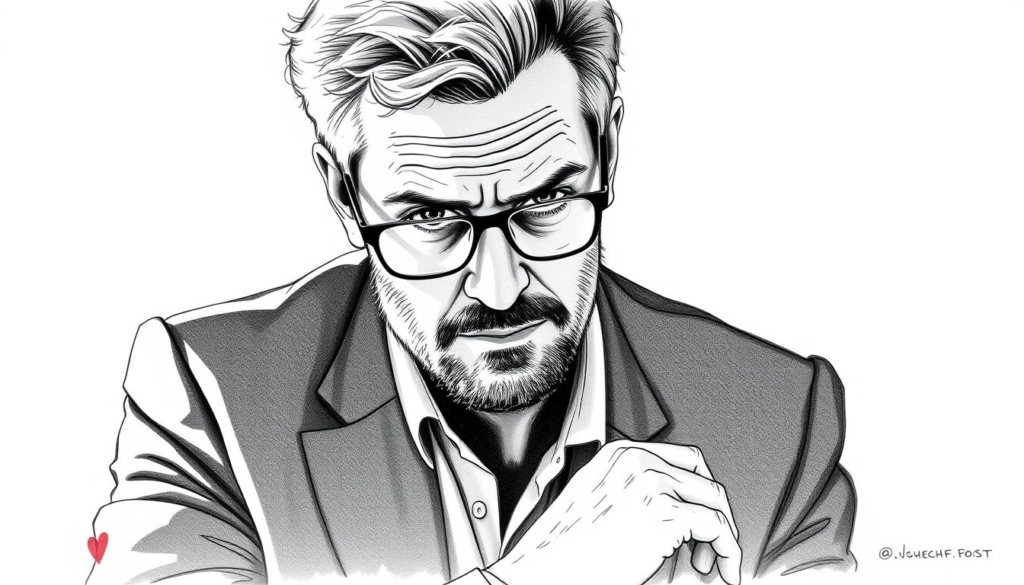A sophisticated portrait of Felix Lobrecht, the renowned German author and podcaster, captured in a striking black-and-white illustration with subtle pops of color. The composition features Lobrecht in a pensive pose, his gaze piercing through the viewer, surrounded by a minimalist yet evocative backdrop. The lighting casts dramatic shadows, highlighting the subject's angular features and introspective expression. The image conveys a sense of depth and introspection, capturing Lobrecht's multifaceted talents beyond the stage. Delicate, hand-drawn lines and a muted color palette lend an artistic, sketch-like quality to the work, perfectly suited for the accompanying article's subject and section. A sophisticated portrait of Felix Lobrecht, the renowned German author and podcaster, captured in a striking black-and-white illustration with subtle pops of color. The composition features Lobrecht in a pensive pose, his gaze piercing through the viewer, surrounded by a minimalist yet evocative backdrop. The lighting casts dramatic shadows, highlighting the subject's angular features and introspective expression. The image conveys a sense of depth and introspection, capturing Lobrecht's multifaceted talents beyond the stage. Delicate, hand-drawn lines and a muted color palette lend an artistic, sketch-like quality to the work, perfectly suited for the accompanying article's subject and section.