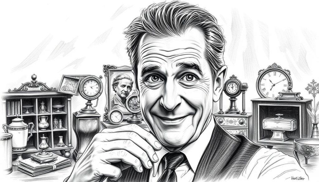 A sophisticated portrait of Horst Lichter, the charismatic host of the popular German TV show "Bares für Rares". Rendered in a bold, graphic black and white style with punctual splashes of color, the image captures Lichter's engaging presence and the allure of his televised antique hunting enterprise. The foreground depicts Lichter's expressive face, his eyes alight with enthusiasm as he examines a rare find. The middle ground showcases an array of antique artifacts, hinting at the thrilling discoveries that unfold on the show. The background features a subtly textured studio setting, evoking the professional television environment that has made Lichter a beloved public figure. The overall composition conveys the magnetism and financial success associated with Lichter's influential media role. A sophisticated portrait of Horst Lichter, the charismatic host of the popular German TV show "Bares für Rares". Rendered in a bold, graphic black and white style with punctual splashes of color, the image captures Lichter's engaging presence and the allure of his televised antique hunting enterprise. The foreground depicts Lichter's expressive face, his eyes alight with enthusiasm as he examines a rare find. The middle ground showcases an array of antique artifacts, hinting at the thrilling discoveries that unfold on the show. The background features a subtly textured studio setting, evoking the professional television environment that has made Lichter a beloved public figure. The overall composition conveys the magnetism and financial success associated with Lichter's influential media role.