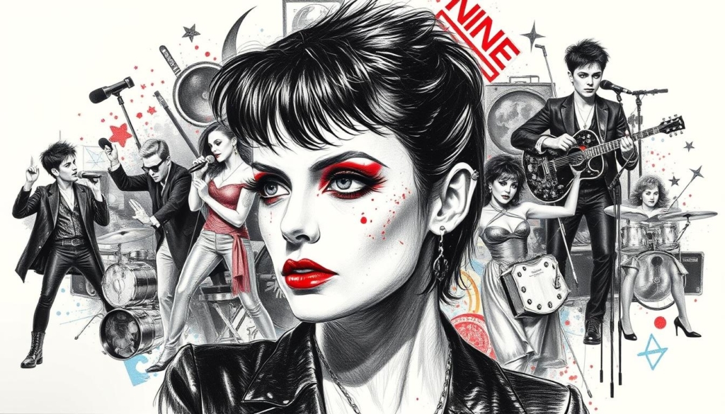 A sophisticated portrait of the legendary German punk icon Nina Hagen, showcasing the diverse sources of her substantial wealth. In the foreground, a close-up of her captivating face, rendered in precise black-and-white pencil strokes, with bold splashes of color accentuating her striking features. The middle ground depicts Nina in various performance poses, capturing her dynamic stage presence and unique personal style. In the background, a collage of symbolic elements representing her multifaceted career - musical instruments, theater props, fashion accessories, and more - all brought to life through the interplay of light and shadow. The overall mood is one of intrigue and sophistication, befitting the complexity of this iconic artist's life and legacy.