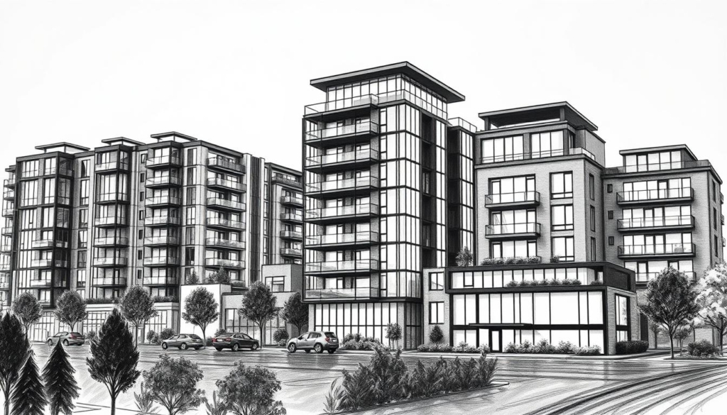 A sophisticated real estate portfolio, featuring sleek architectural renderings of modern apartment buildings and commercial properties. The scene is rendered in a striking black and white palette, with carefully placed pops of color to accentuate key details - the gleam of glass facades, the textured facades of brick and stone, the lush greenery of landscaping. The composition is balanced, with a clear focal point drawing the eye, and a sense of depth created through the layering of structures. The overall mood is one of understated elegance and strategic investment, reflecting the power and stability of a well-curated real estate portfolio.