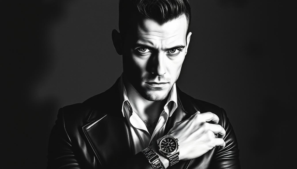 A sophisticated studio portrait of Richard Kruspe, the lead guitarist of the legendary industrial metal band Rammstein, set against a dramatic chiaroscuro backdrop. Kruspe is pictured in a well-tailored, monochromatic ensemble, his piercing gaze exuding a sense of intensity and power. The scene is bathed in dramatic, moody lighting that casts striking shadows, highlighting the angular features of his face. Subtle splashes of color, such as the gleam of a wristwatch or the sheen of his stylish leather jacket, add subtle accents to the otherwise black and white palette. The composition conveys Kruspe's sophisticated, high-end lifestyle and successful musical career.