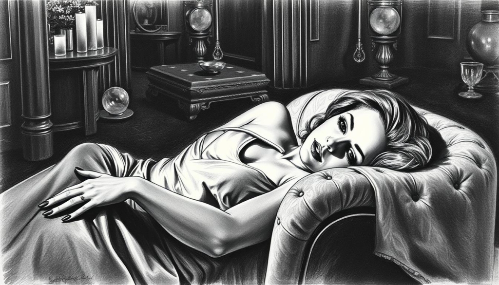 A sophisticated woman reclines in a lavish, dimly lit setting, her face partially obscured by shadows. The scene is rendered in a striking monochrome palette, with hints of color strategically placed to draw the eye. Luxurious textures and opulent details - plush fabrics, gleaming metals, and rich wood tones - create an atmosphere of indulgence and exclusivity. The lighting is dramatic, casting dramatic shadows and highlighting the subject's alluring features. The overall impression is one of power, wealth, and a tantalizing sense of mystery surrounding the figure at the center of this captivating image. A sophisticated woman reclines in a lavish, dimly lit setting, her face partially obscured by shadows. The scene is rendered in a striking monochrome palette, with hints of color strategically placed to draw the eye. Luxurious textures and opulent details - plush fabrics, gleaming metals, and rich wood tones - create an atmosphere of indulgence and exclusivity. The lighting is dramatic, casting dramatic shadows and highlighting the subject's alluring features. The overall impression is one of power, wealth, and a tantalizing sense of mystery surrounding the figure at the center of this captivating image.
