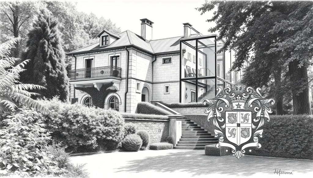 A stately manor nestled amidst lush greenery, its weathered stone facade juxtaposed with modern architectural elements. Sunlight filters through arched windows, casting a warm glow on the intricate details - an ornate wrought-iron balcony, a sleek glass-and-steel addition, the interplay of old and new. In the foreground, a striking focal point: a centuries-old family crest, its heraldic symbols rendered in vivid hues against the monochrome backdrop. This scene captures the Borromeo family's timeless tradition and their embrace of innovative vision, a delicate balance captured in a single, breathtaking image.