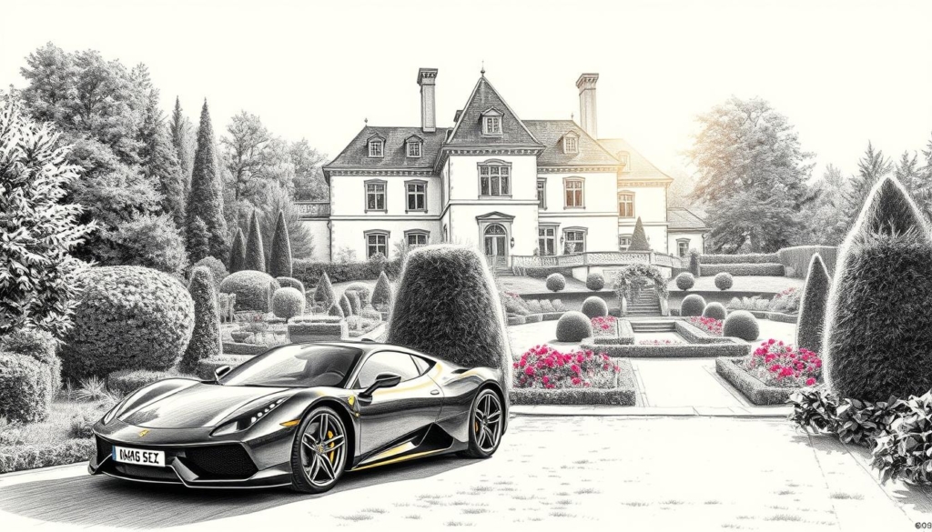 A stately manor nestled amidst lush greenery, where Doro Pesch, the metal queen, resides. In the foreground, a sleek sports car gleams under the warm, golden light, hinting at her penchant for the finer things. The middle ground reveals a well-manicured garden, with vibrant flowers adding pops of color to the monochrome landscape. In the background, the manor's imposing facade stands tall, its stately architecture exuding an air of sophistication. The scene conveys a lifestyle of luxury and refinement, befitting the legendary metal icon. Rendered in a striking black and white palette, with selective colorful accents to draw the eye, this image captures the essence of Doro Pesch's enviable lifestyle.