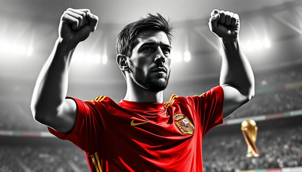 A stern-faced Sergio Ramos, clad in the iconic crimson jersey of the Spanish national team, stands triumphantly on the field, his hands held high in celebration. The stadium's floodlights cast a dramatic chiaroscuro effect, highlighting the player's sculpted features and intense gaze. In the background, a blurred crowd erupts in a frenzy, their reactions captured in a hazy, dreamlike manner. The scene is rendered in a striking black and white palette, with selective pops of color - the vibrant red of the jersey, the gleam of the trophy, and the golden highlights of Ramos' hair and beard. This powerful image captures the essence of Ramos' celebrated career, his unwavering leadership, and the glory of Spain's 2010 World Cup victory.