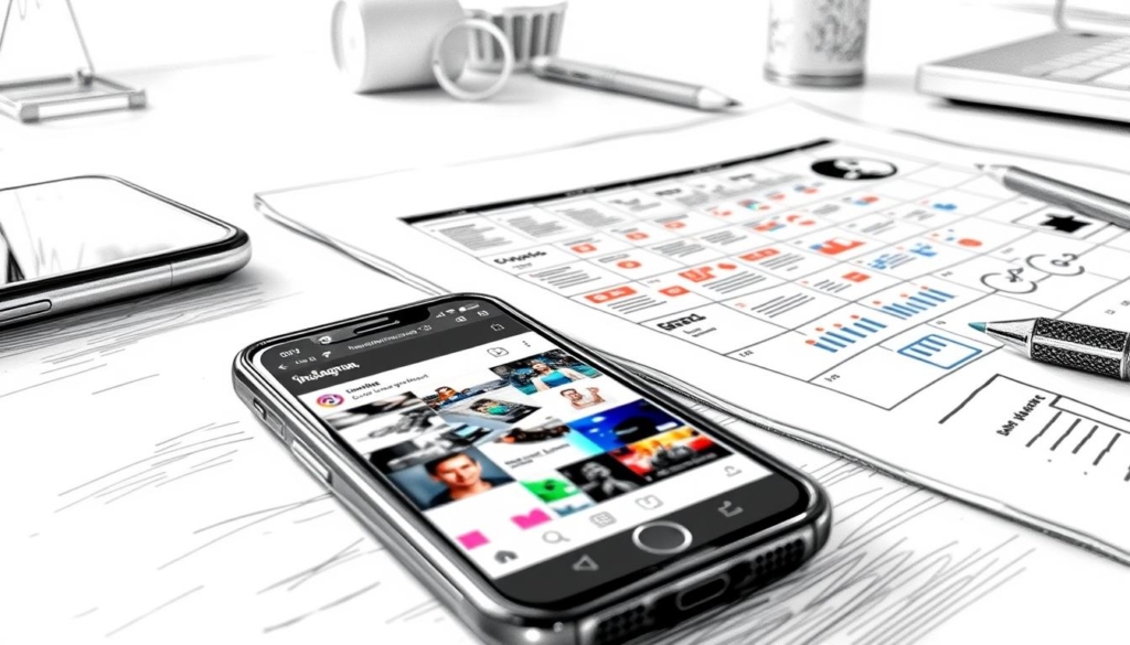 A strategic social media marketing plan unfolds on a digital canvas. In the foreground, a modern smartphone showcases an immersive Instagram feed, its interface brimming with vibrant visuals and captivating content. The middle ground reveals a meticulously crafted content calendar, its pages dotted with colorful icons and graph ical representations of key performance metrics. In the background, a sleek, minimalist workspace sets the stage, hinting at the analytical and data-driven approach that underpins this successful Instagram marketing strategy. The overall scene is rendered in a stylized black-and-white palette, with strategic pops of color highlighting the most impactful elements. The resulting image conveys a sense of strategic focus, digital savvy, and a keen understanding of the Instagram platform and its audience.