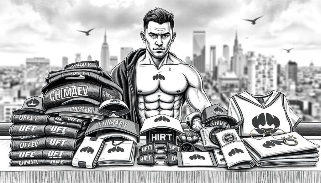 A striking black and white illustration depicting Khamzat Chimaev's burgeoning merchandise empire. In the foreground, a neatly stacked display of Chimaev-branded apparel and accessories, each item rendered with meticulous detail - from the bold graphic designs to the subtle color accents. The middle ground showcases Chimaev himself, captured in a dynamic pose, his powerful physique and intense gaze commanding attention. In the background, a blurred cityscape serves as a backdrop, hinting at the global reach of Chimaev's brand. The overall mood is one of ambitious entrepreneurship, where Chimaev's success extends far beyond the confines of the octagon. A striking black and white illustration depicting Khamzat Chimaev's burgeoning merchandise empire. In the foreground, a neatly stacked display of Chimaev-branded apparel and accessories, each item rendered with meticulous detail - from the bold graphic designs to the subtle color accents. The middle ground showcases Chimaev himself, captured in a dynamic pose, his powerful physique and intense gaze commanding attention. In the background, a blurred cityscape serves as a backdrop, hinting at the global reach of Chimaev's brand. The overall mood is one of ambitious entrepreneurship, where Chimaev's success extends far beyond the confines of the octagon.